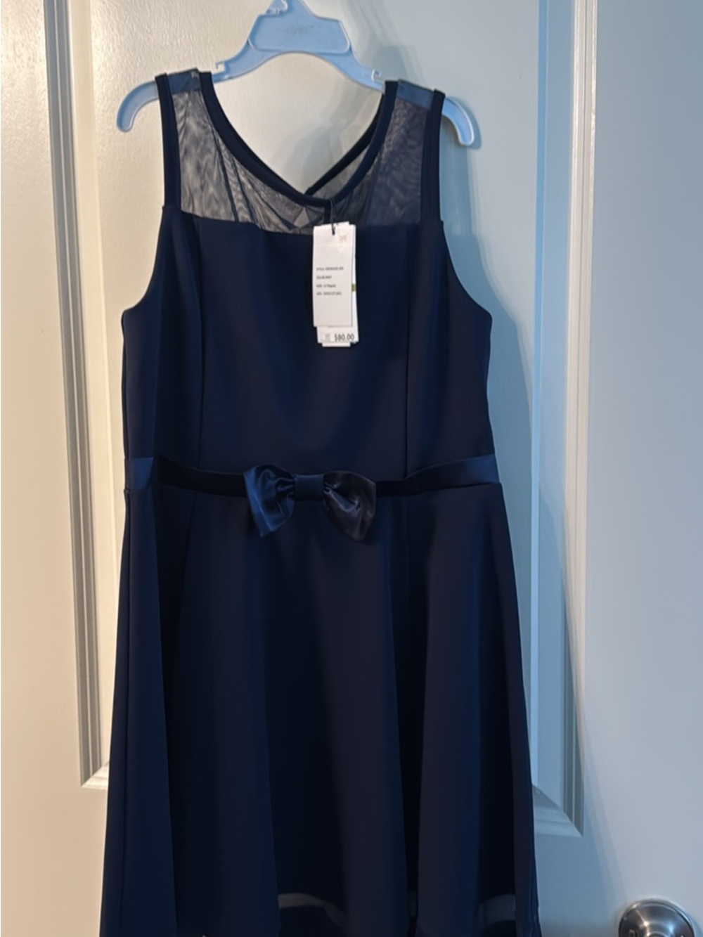 Calvin Klein Navy Mesh Yoke Dress with Satin Waist Bow